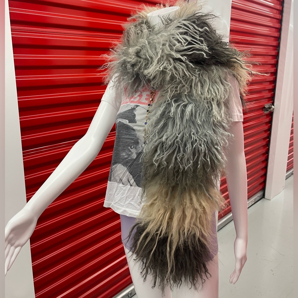 Plush Multi-Color mongolian Fur Scarf Gray, Cream & Black